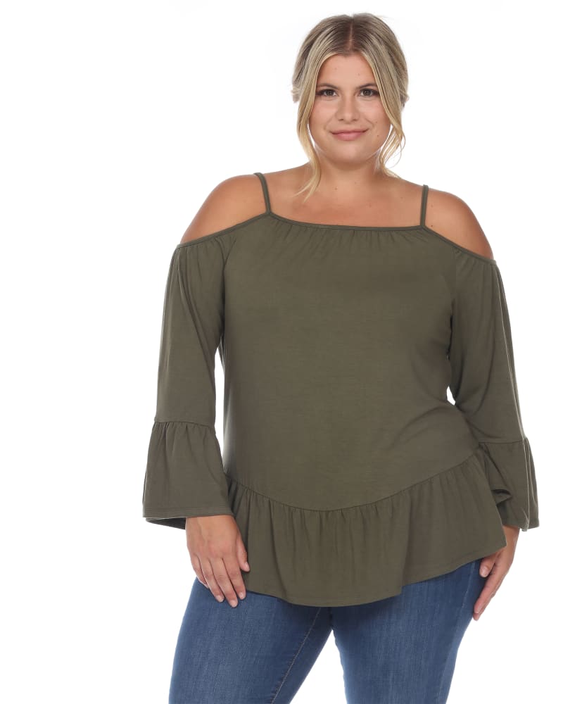 Front of a model wearing a size 2X Cold Shoulder Ruffle Sleeve Top in Olive by White Mark. | dia_product_style_image_id:257193